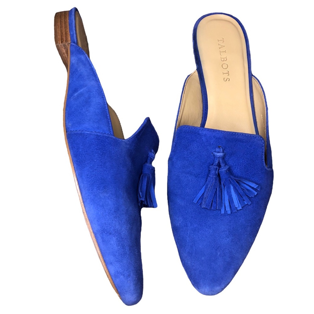 Talbots Edison Leather Suede Tassel Mules Royal Blue Size 9.5